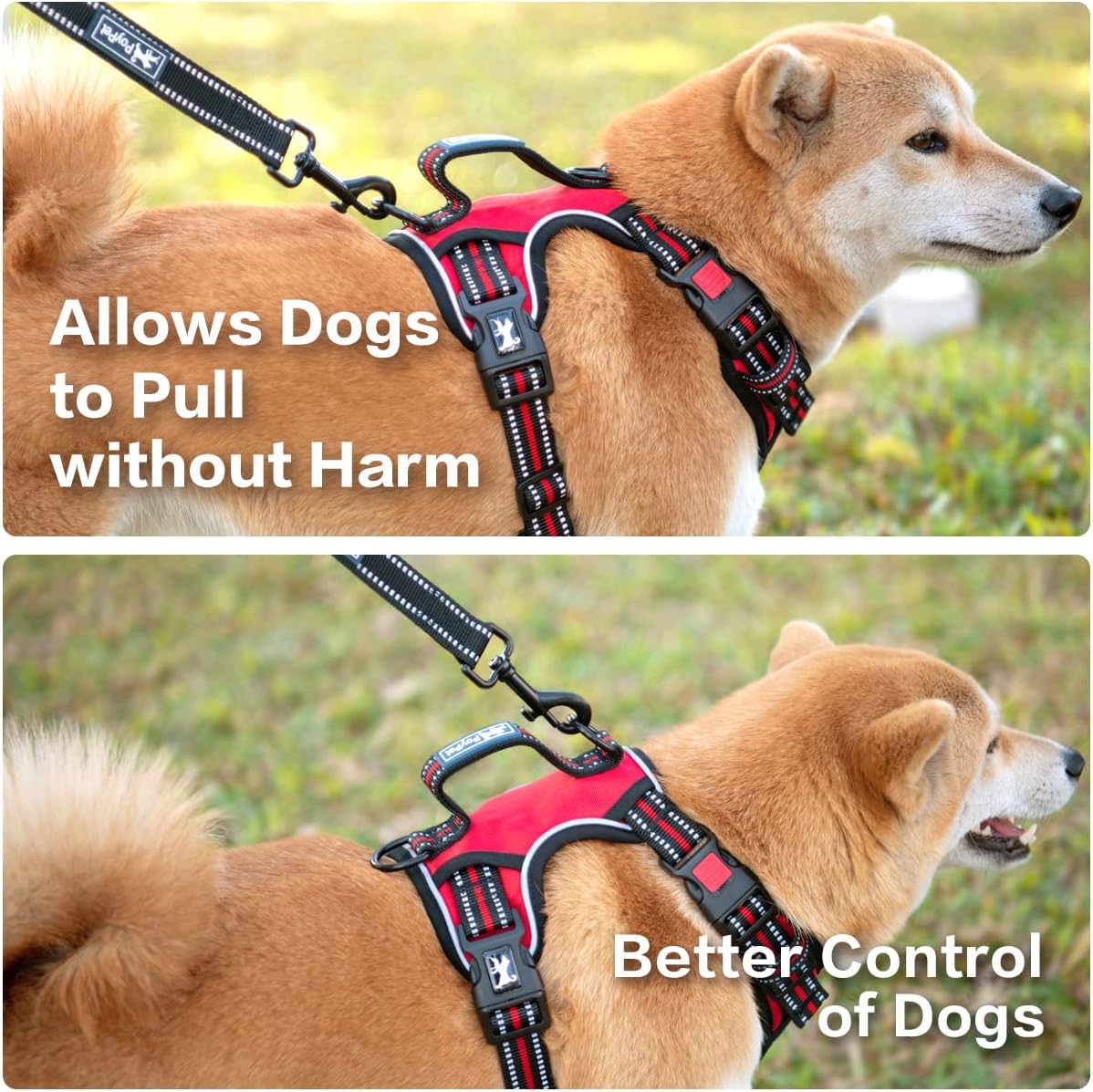 PoyPet No Pull Dog Harness, No Choke Front Clip Reflective Dog Vest with Soft Padded Vertical Handle, 3 Leash Attachments for Small Medium Large Dogs (Red,M)