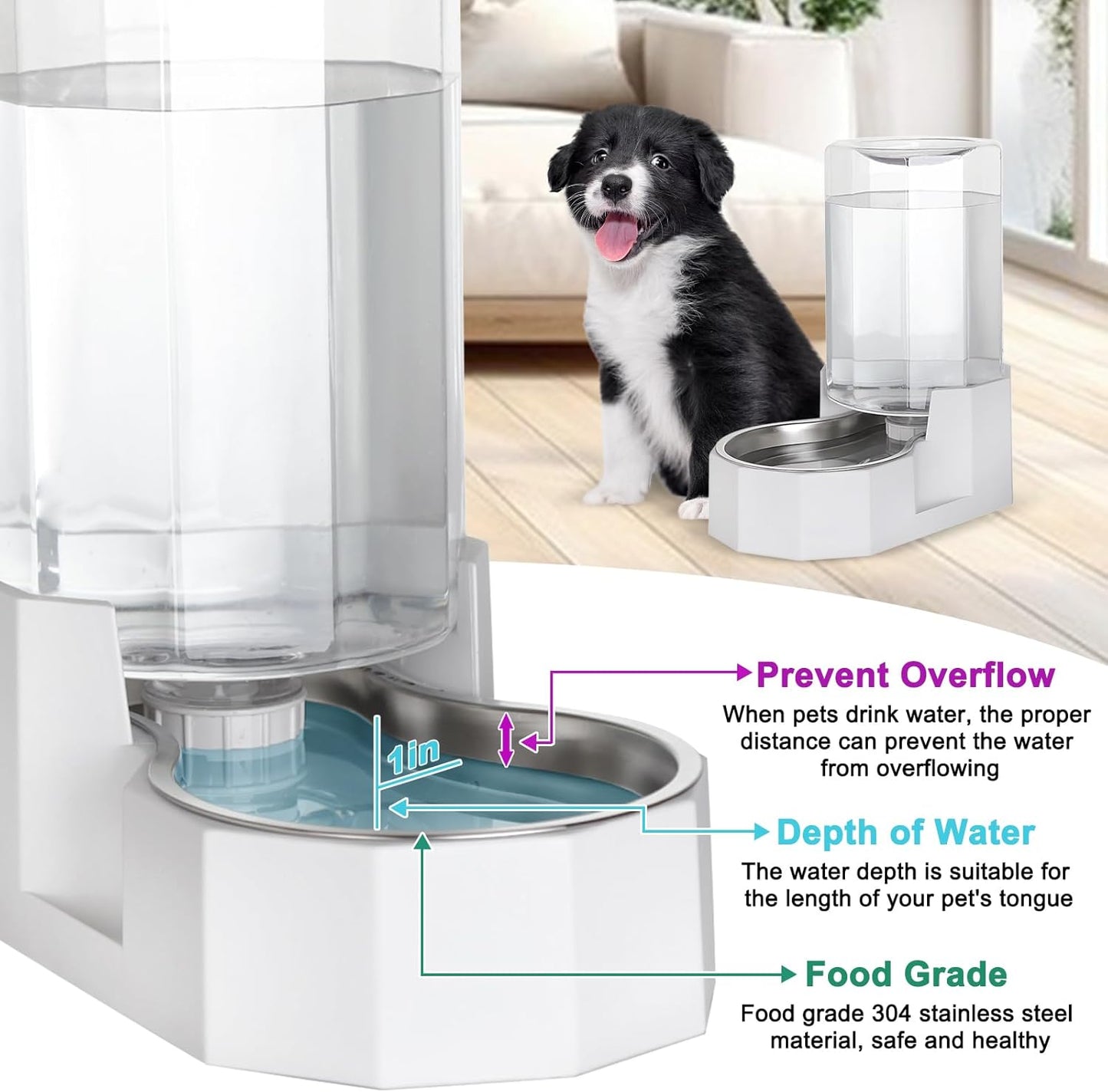 Sfozstra Dog Water Bowl Dispenser: 6L Large White Gravity Stainless Steel Bowl - Without Filter - Pet Feeder for Pets Indoor/Outdoor Use by Owners