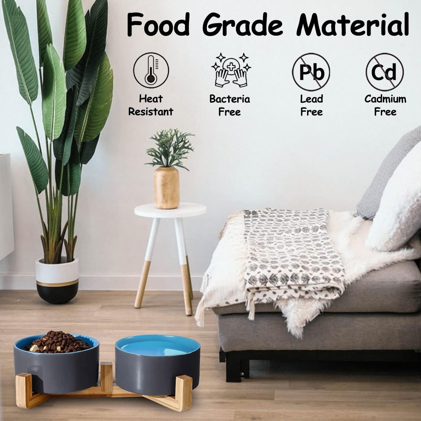 Petygooing Heavy 5.1 in Ceramic Cat Dog Bowls Set with Wood Stand for Food and Water, Non-Slip Cute Modern Pet Dish for Small Size Dogs and Cats (13.5OZ) Medium Sized Dogs (28OZ) Grey Blue