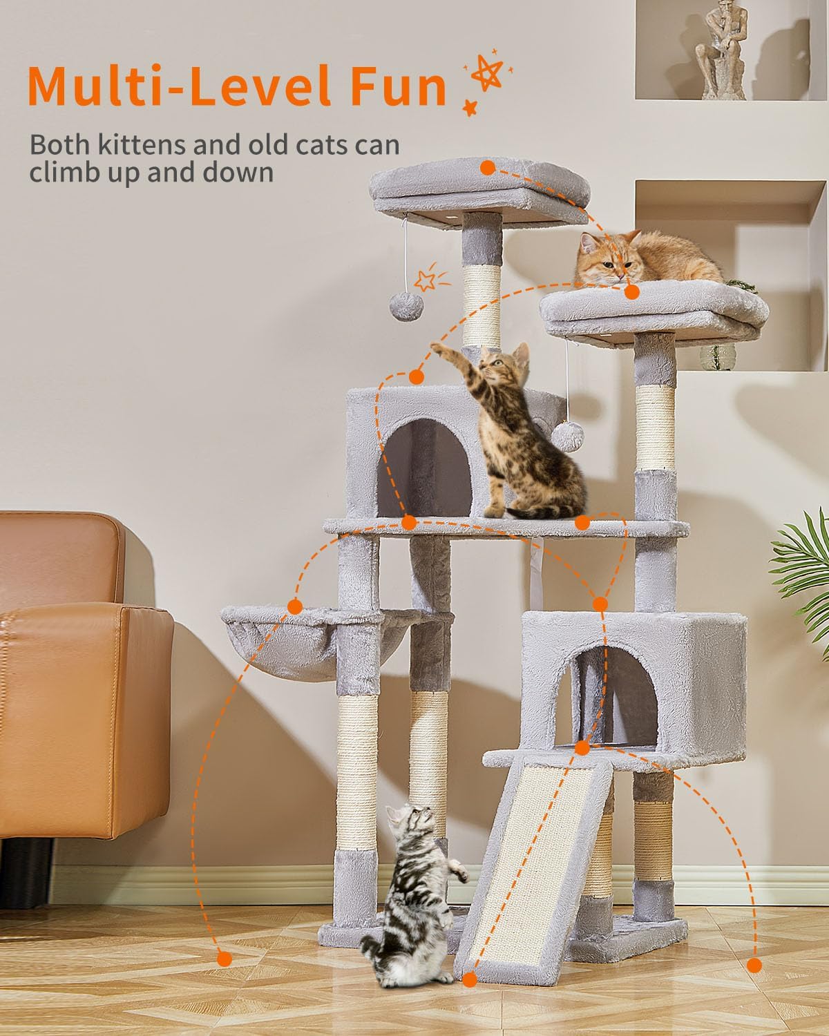 Taoqimiao 56.3-Inch Cat Tree, Cat Tower with Scratching Posts, Cat Tree House for Indoor Cats with hammocks, Toys, Condo and Large Scratch Board, Light Gray MS012W