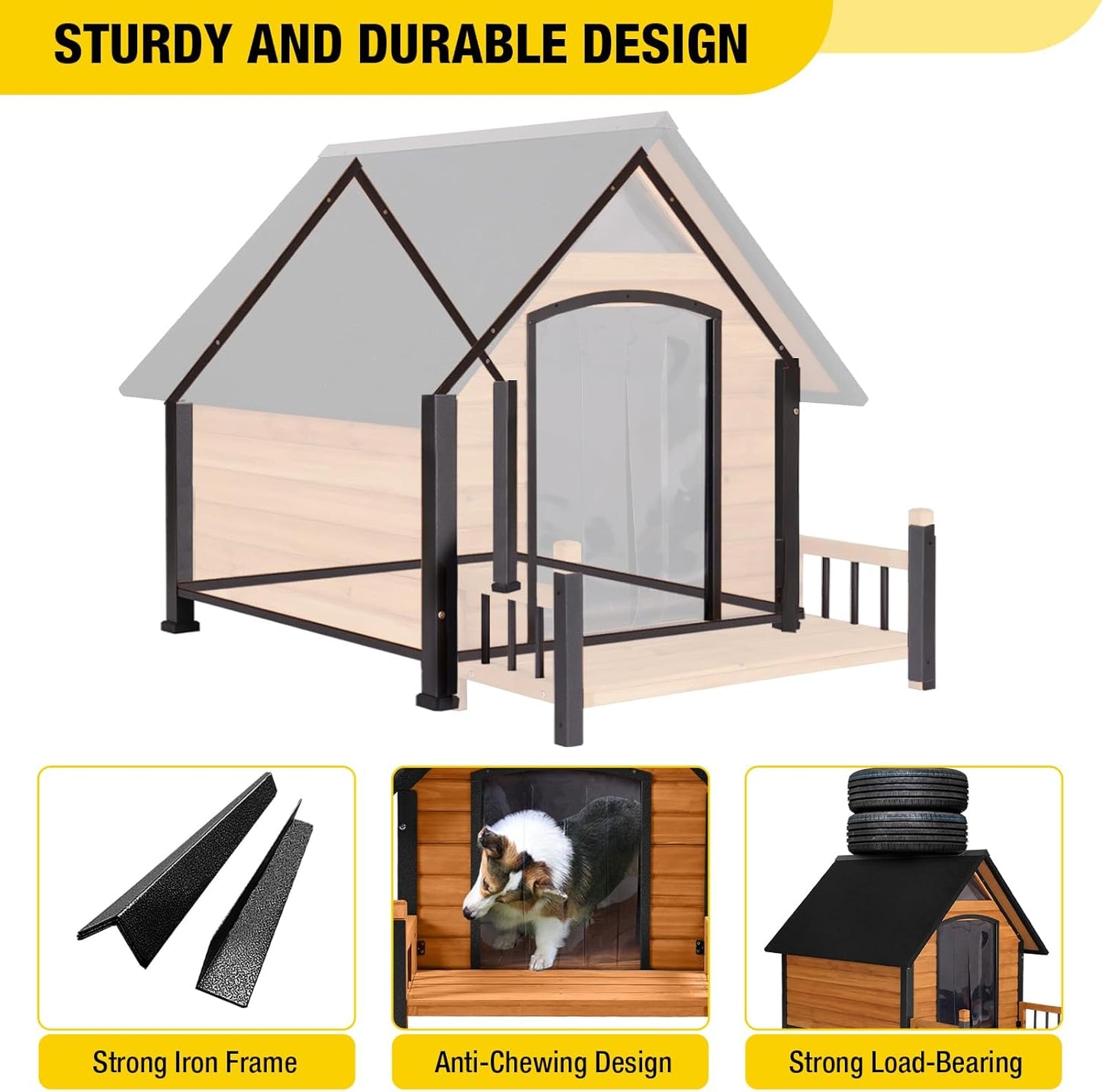 Outdoor Dog House with All-Around Insulated Liner Weatherproof Puppy Shelter Indoor Dog Kennel, Anti-Bite Dog Home for Large Breed with Porch (Brown, 50.8" D x 37.4" W x 37.2" H)