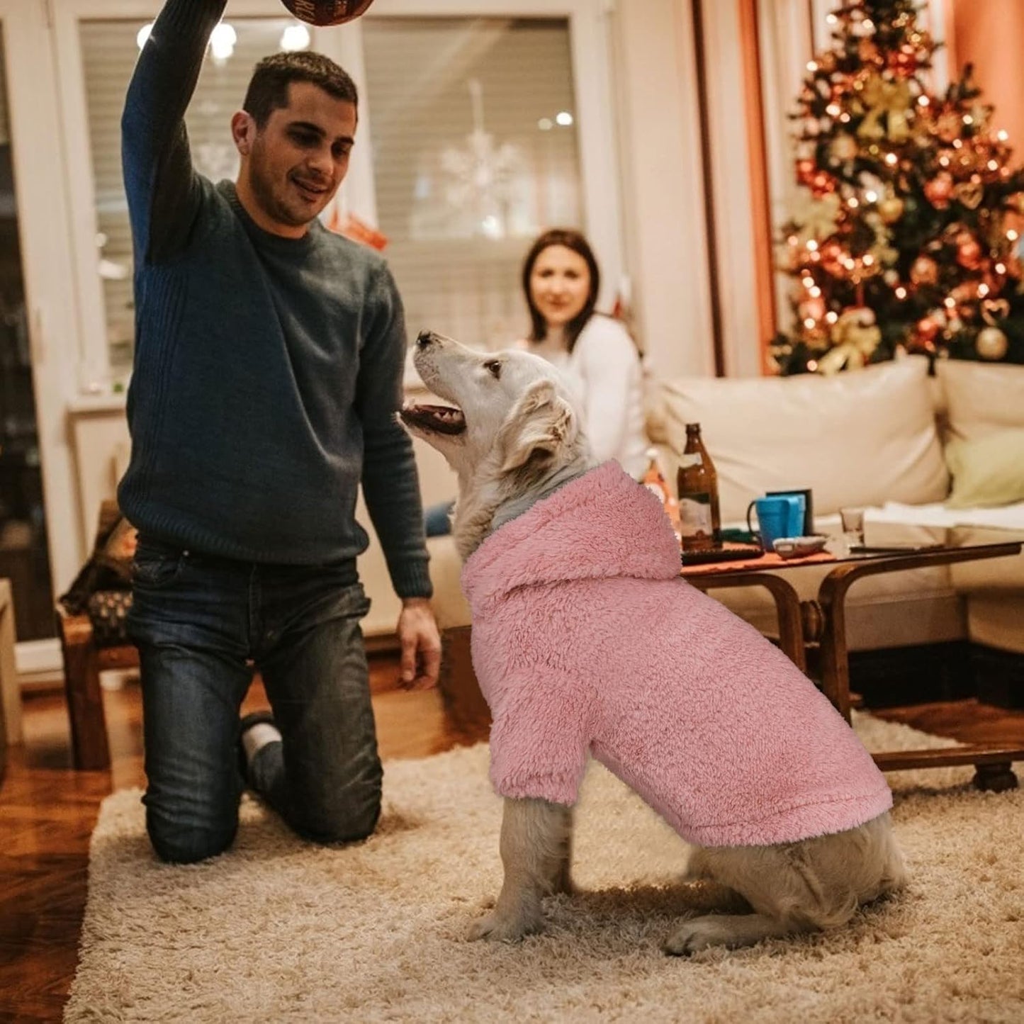 Fuzzy Dog Sweaters for Large Dogs Pet Hoodie Clothes Warm Soft Pet Coats Hooded Sweatshirt Dog Sweaters for Extra Large Dogs(Pink-XXL)