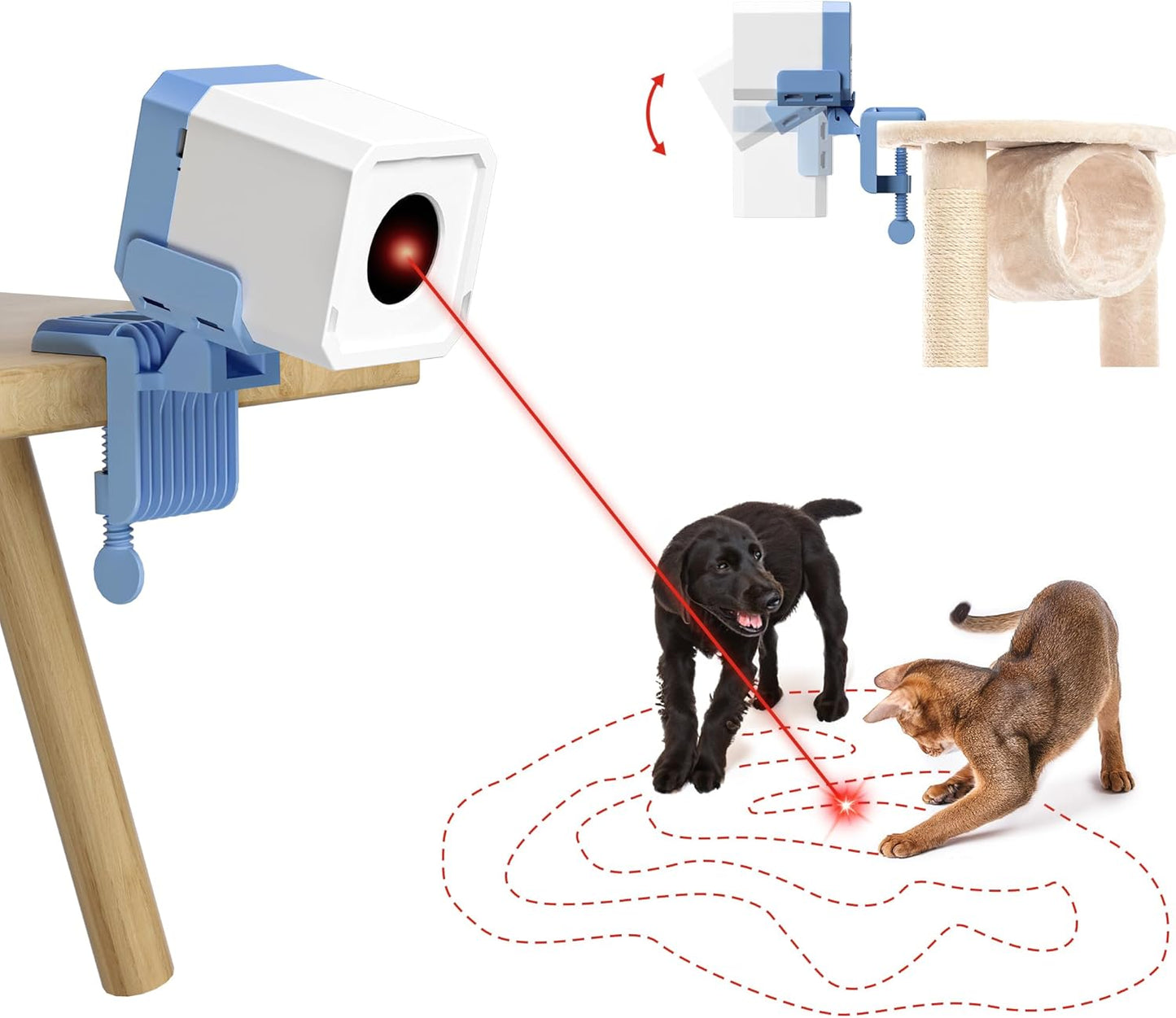 Potaroma Truly Random Cat Laser Toys, No Knock-Over Clamp, Automatic Chargeable Interactive Kitten Toy Indoor Exercise for All Breeds, Light Blue White