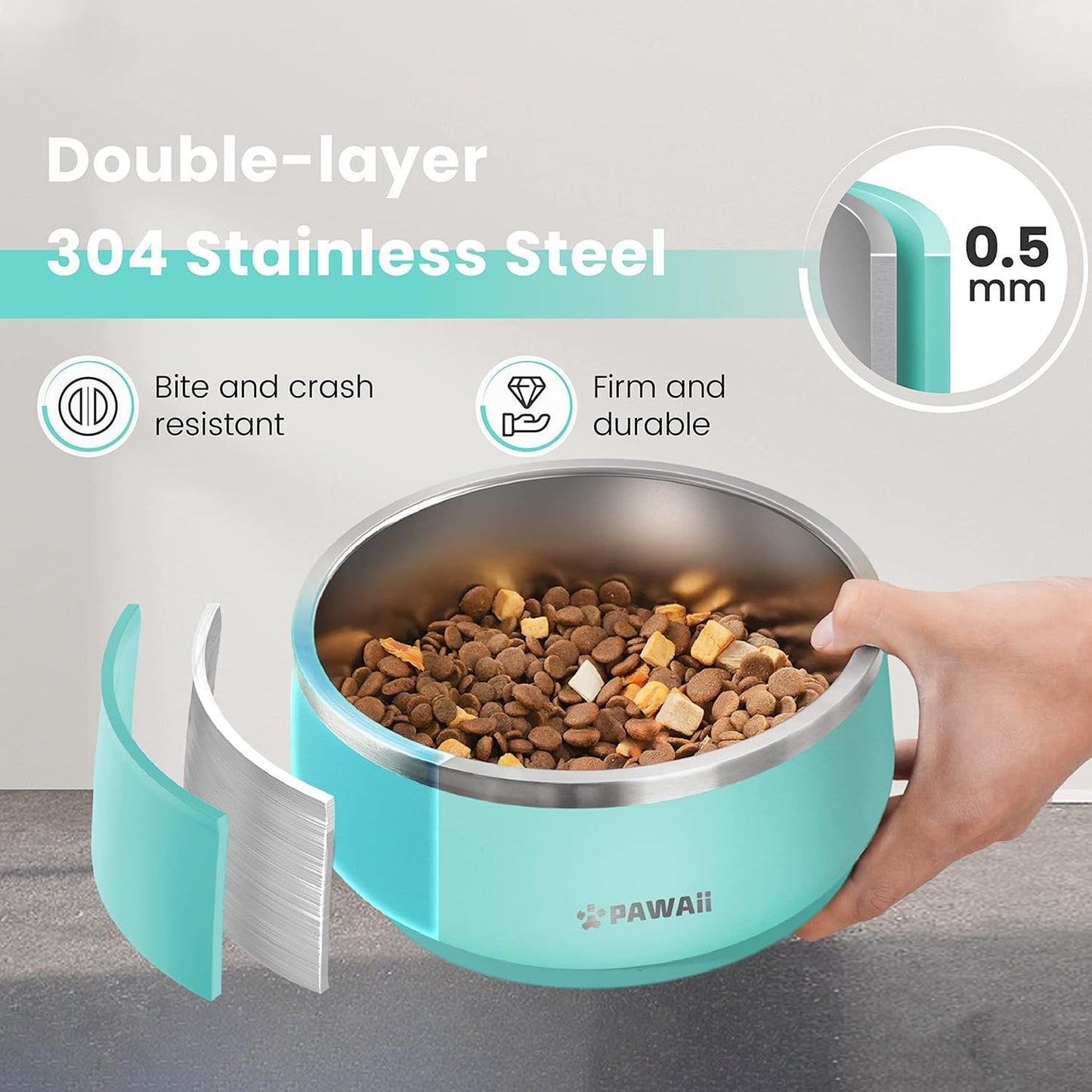 Pawaii Stainless Steel Dog Bowl with Non-Slip Rubber Base & Double Wall Insulation - Durable Design | Includes ID Tag | Dishwasher Safe Food & Water Bowl for All Dogs (34oz)