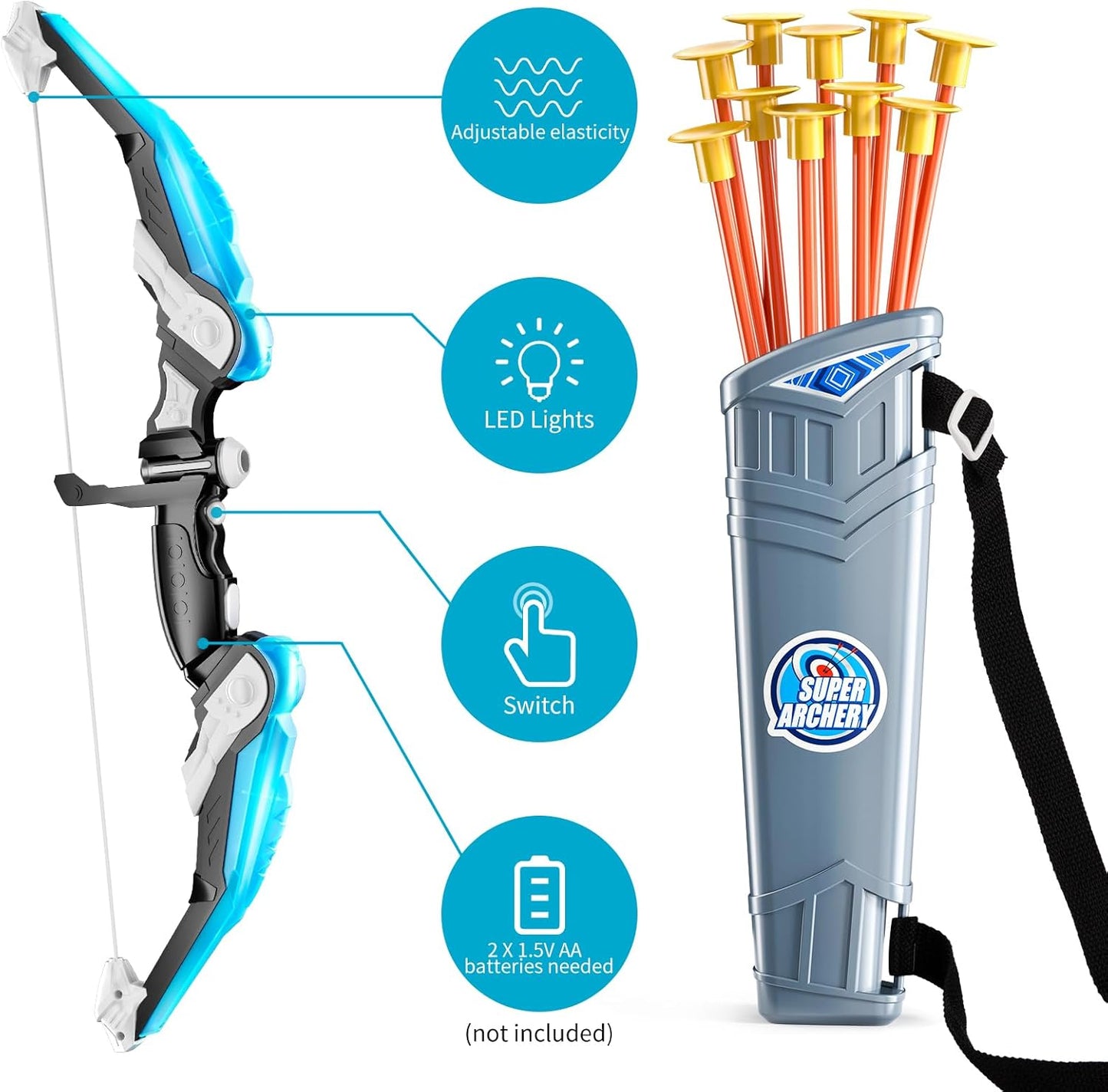 TEMI Bow and Arrow Set for Kids - Archery Toy Set - LED Light Up with Suction Cup Arrows, Target & Quiver, Indoor and Outdoor Toys for Children Boys Girls