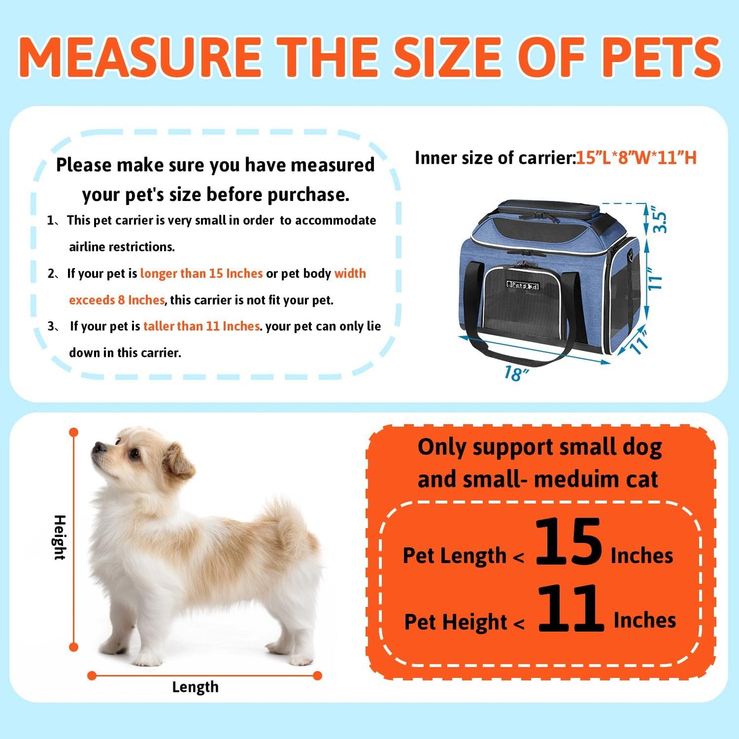Petskd Top-Expandable Pet Carrier 18x11x11 Inches Delta American United Airline Approved, Soft-Sided Carrier for Small Cats and Dogs with Locking Safety Zippers and Anti-Scratch Mesh(Blue)