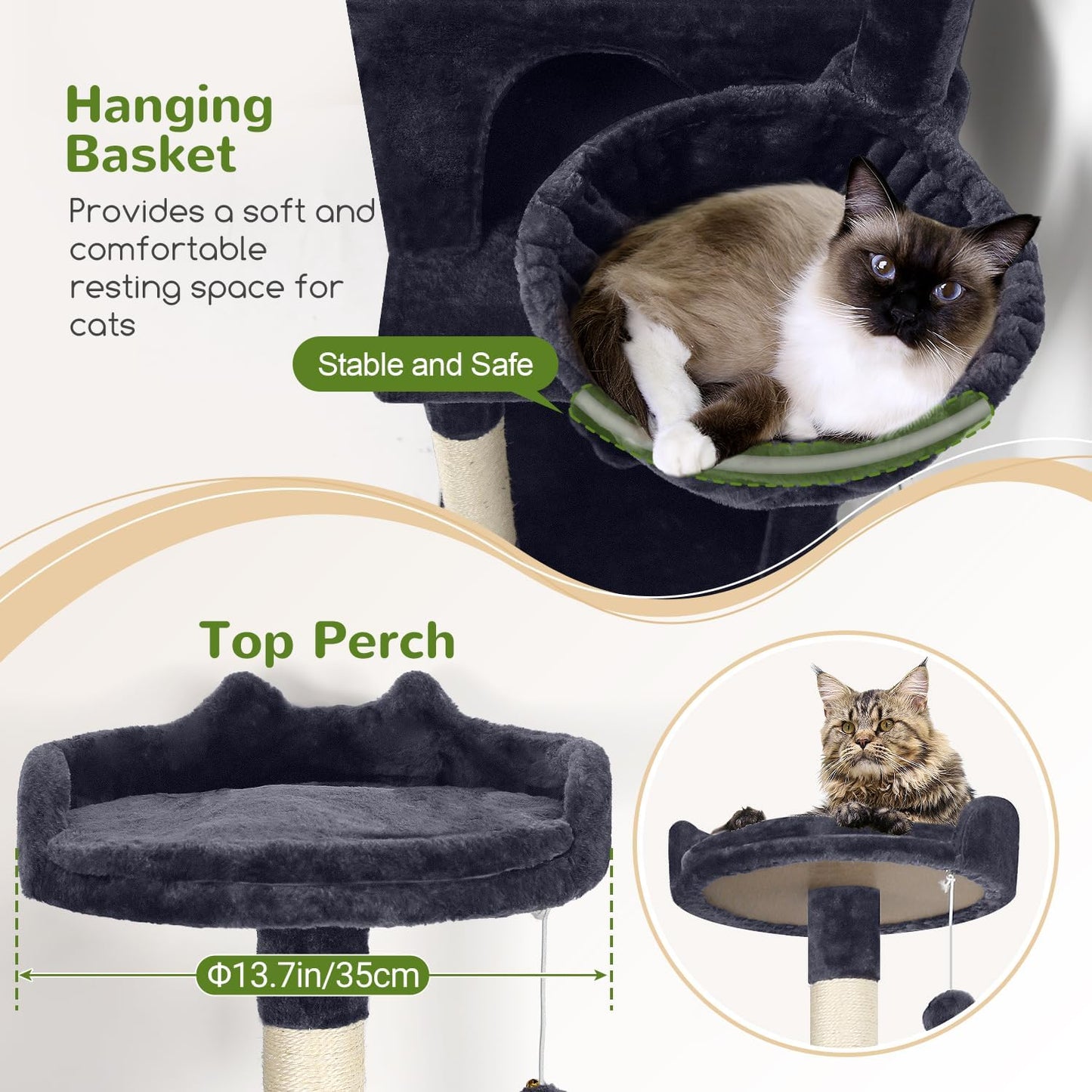 Globlazer Cat Tree, 70 inch Tall Scratching Tower Multi-Level Cat Condo for Indoor Multiple Cats with 2 Large Cat Caves, Top Perch, Large Platform, Bottom Swing, F70B, Dark Grey