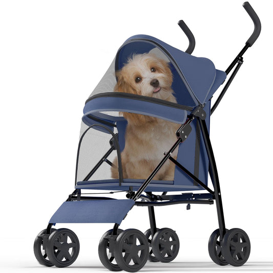 Pet Stroller with 4 Wheels for Small/Medium Pets, Portable Travel Foldable Carrier Jogger for Dog Cat Puppy Kitty, Rear Wheel Breaks, Storage Basket, Visible Mesh Weather Cover (Navy Blue)