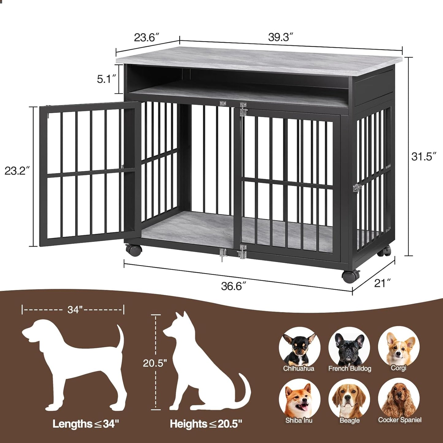 39.4" Dog Crate Furniture for Medium and Large Breed, Dog Kennel Furniture with Storage Shelf & Lockable Wheels, Heavy Duty Wooden End Side Table Pet Cage Indoor, Chew-Resistant, Grey