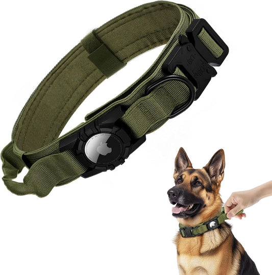 Tactical AirTag Dog Collar - Heavy Duty, Adjustable GPS Collar Compatible with Apple AirTag, with Holder & Control Handle for Medium/Large Dogs [ Green, M ]