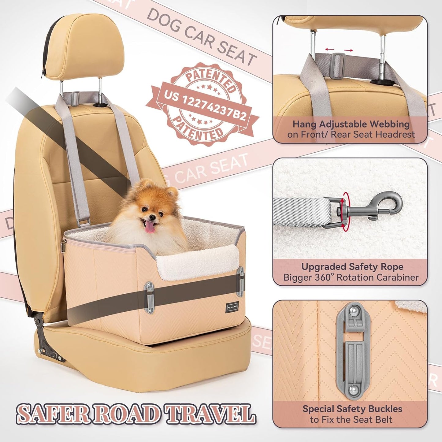 PETSFIT Cat Car Seat, Waterproof PU Leather Dog Booster Car Seat with Patent Safe Buckles, Clip-On Leash, Pet Travel Carrier Bed for Small Pets Up to 25lbs (Orange)