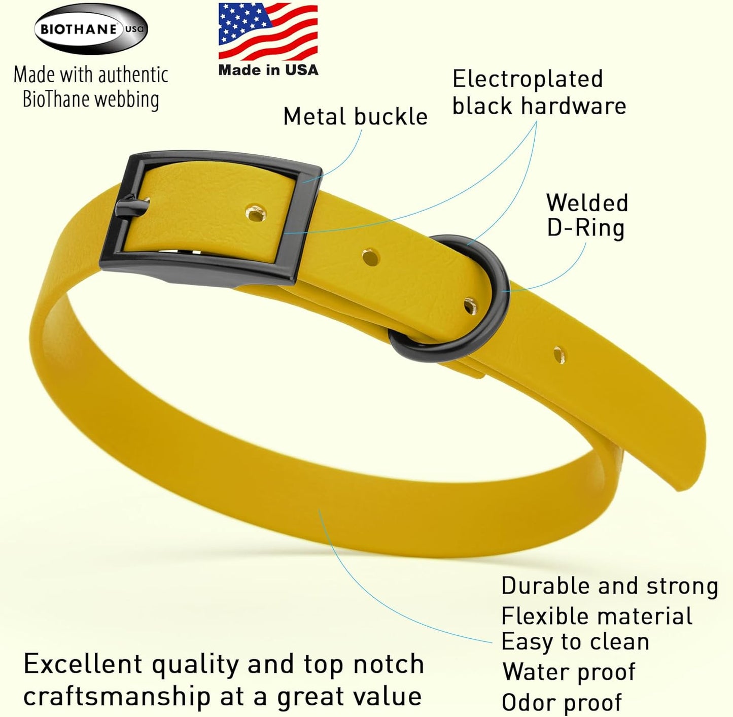 Dogline Biothane Waterproof Dog Collar Strong Coated Nylon Webbing with Black Hardware Odor- Proof for Easy Care Easy to Clean High Performance Fits Small Medium or Large Dogs, Treasure Gold