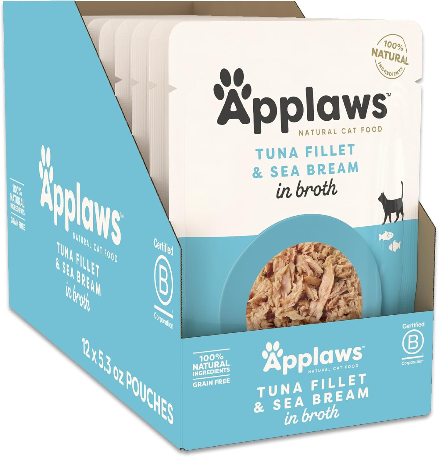 Applaws Natural Wet Cat Food in Broth, Limited Ingredient Wet Cat Food Pouches, No Additives, Made with Natural Ingredients, Tuna Fillet with Seabream in Broth (12 x 5.3oz Pouches)