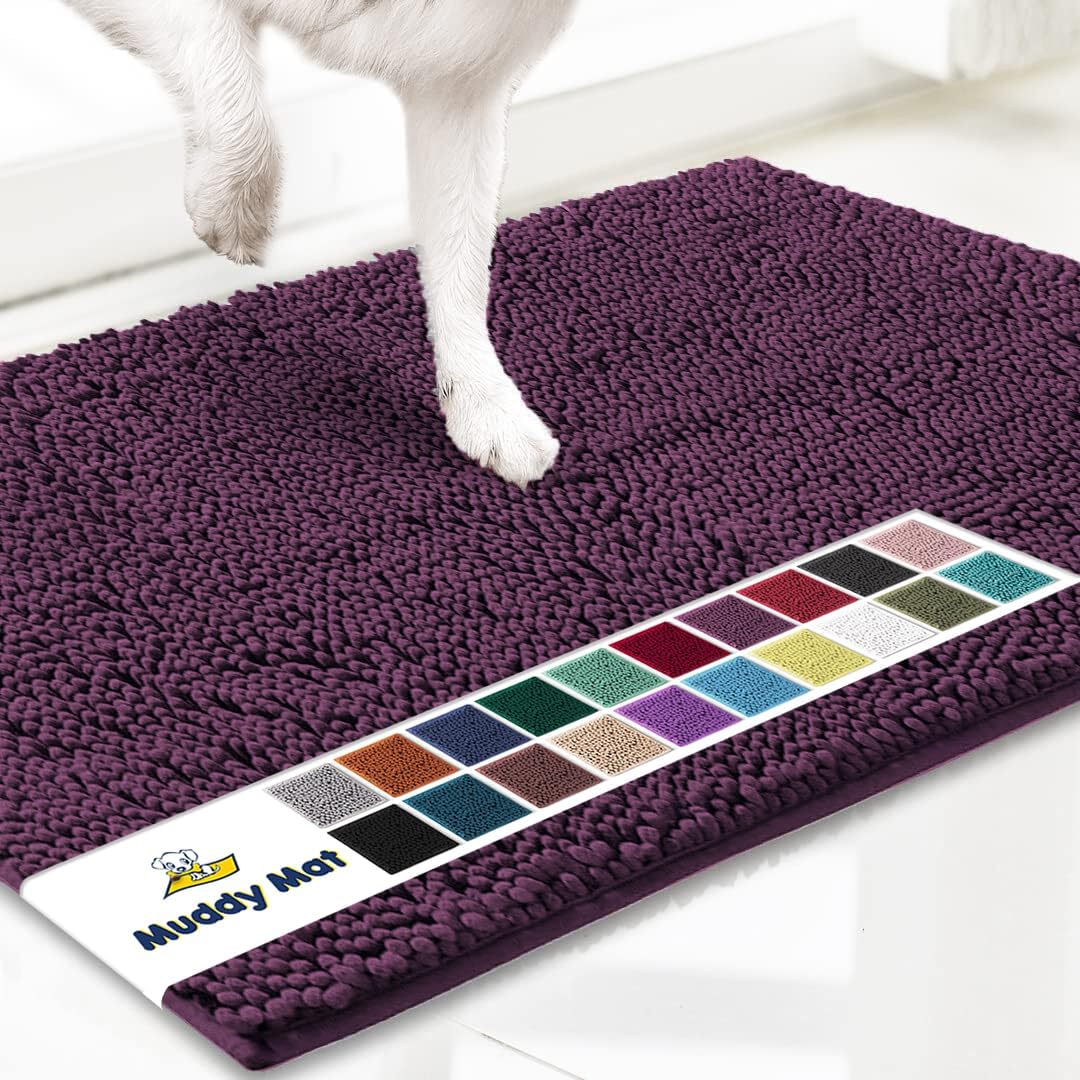 Muddy Mat® AS-SEEN-ON-TV Highly Absorbent Microfiber Door Mat and Pet Rug, Non Slip Thick Washable Area and Bath Mat Soft Chenille for Kitchen Bedroom Indoor and Outdoor - Dark Purple 48" x 60"