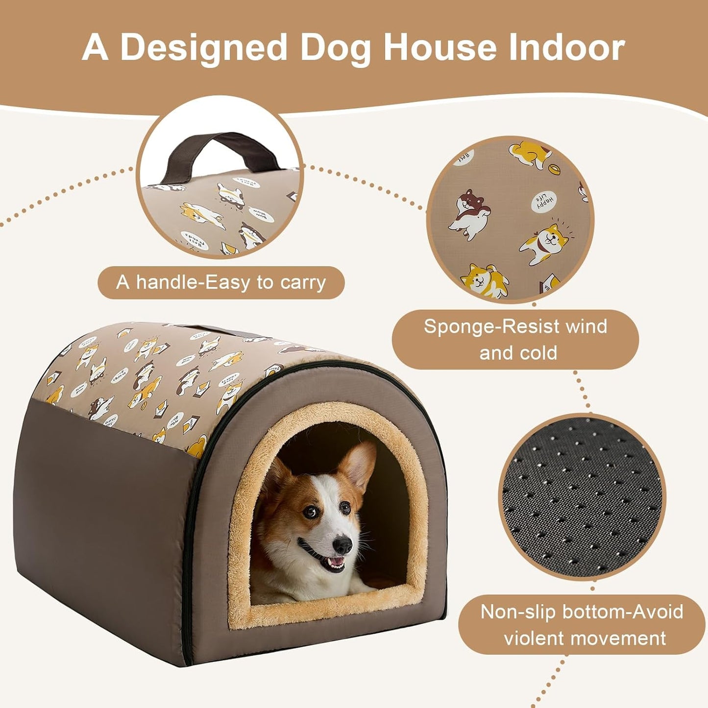 Jiupety 2 in 1 Dog House Indoor, Comfy Cave Bed Covered Dog Bed, Portable House for Medium and Large Dogs, 2XL(35"×27"×26"), Up to 70 Lb, Brown