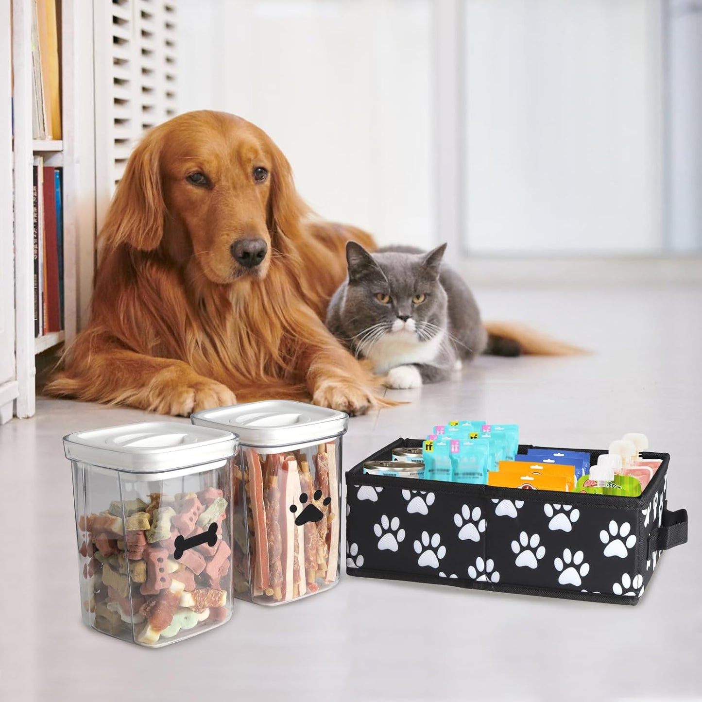 Dog Treat Container for Countertop,2pack Dog Treat Jars,Cat Treat Jars,Pet Food Treat Organizer,Pet Food Storage For Puppy Kitten-Dog Treat Station Dog Food Box Set With Handle- Paw Print