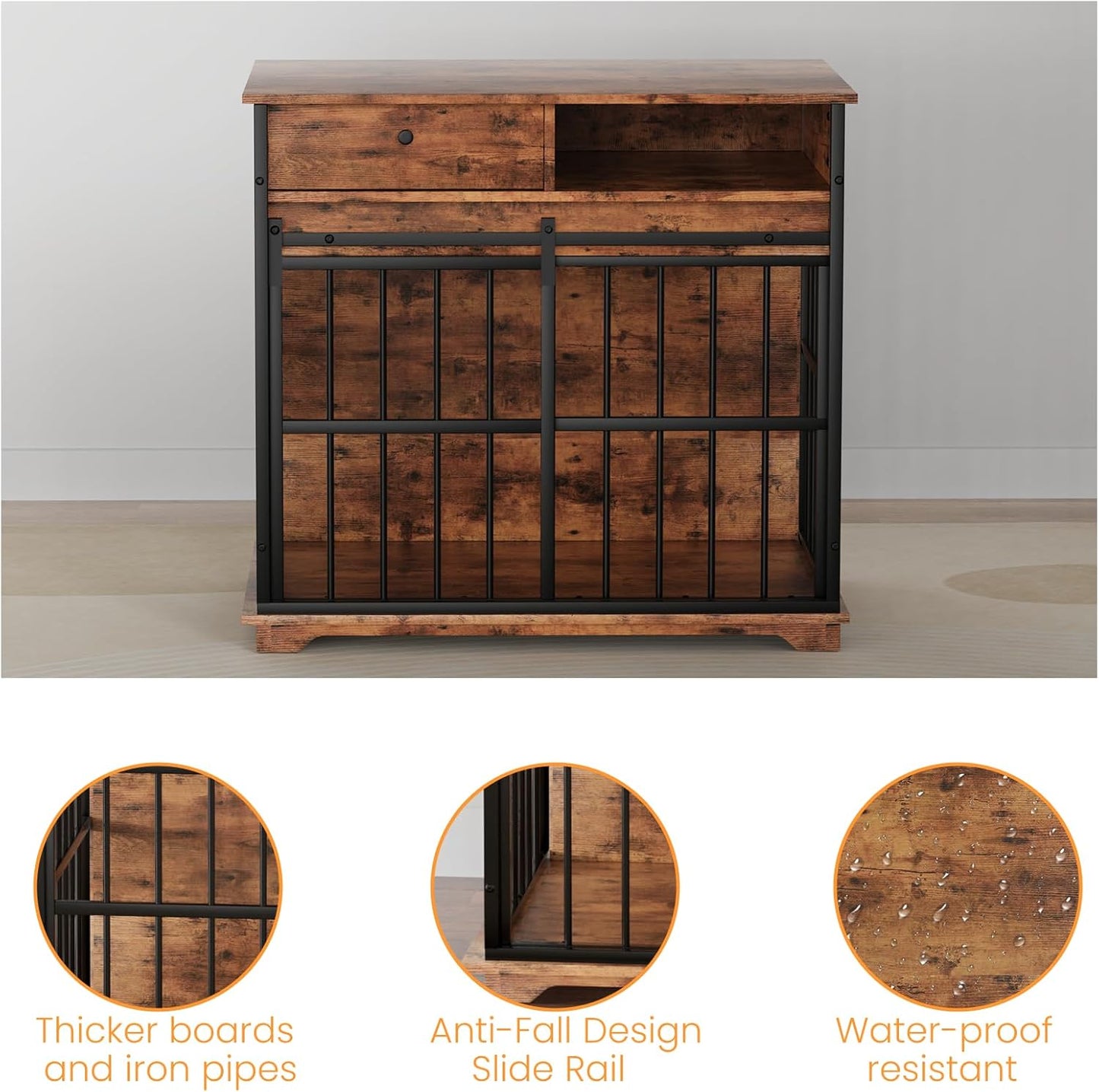 35.5" Dog Crate Furniture, Wooden Dog Crate Furniture for Medium Small Dogs, Wooden Dog Kennel End Table with Drawer and Open Shelves, Sliding Door Dog Kennel Furniture