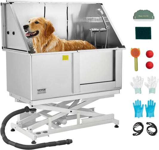 VEVOR Electric Lift Dog Washing Station, 50 inch Professional Stainless Steel Pet Grooming Tub w/PE Water Filter Board, Faucet & Showerhead Dog Bathtub Washing Sink for Multiple Pets (Right Door)