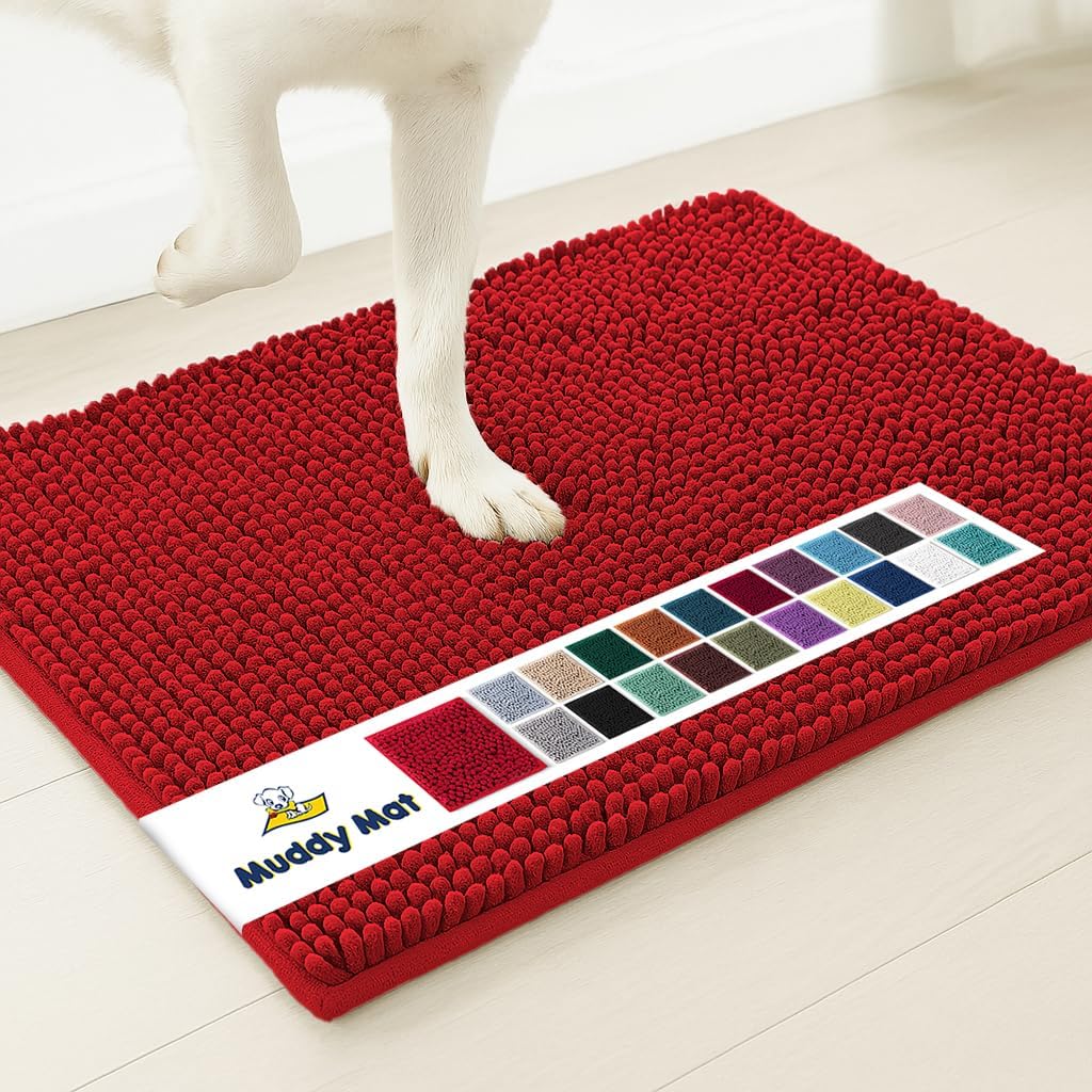 Muddy Mat® AS-SEEN-ON-TV Highly Absorbent Microfiber Door Mat and Pet Rug, Non Slip Thick Washable Area and Bath Mat Soft Chenille for Kitchen Bathroom Bedroom Indoor and Outdoor - Red 3ft x 8ft