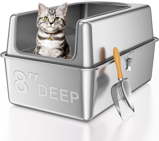 14'' High Sides XXL All Stainless Steel Cat Litter Box with Lid,XL Deep Metal Litter Box for Big Cats,Extra Large Litter Boxes with High Wall Enclosure,Anti-Leakage,Never Absorbs Odors,Non-Sticky