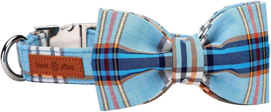 Lionet Paws Boy Dog Collar with Bowtie, Comfortable Adjustable Cute Blue Plaid Bow Tie Collar for Male Puppies and Cats Gift, XXS, Neck 7-11 inches