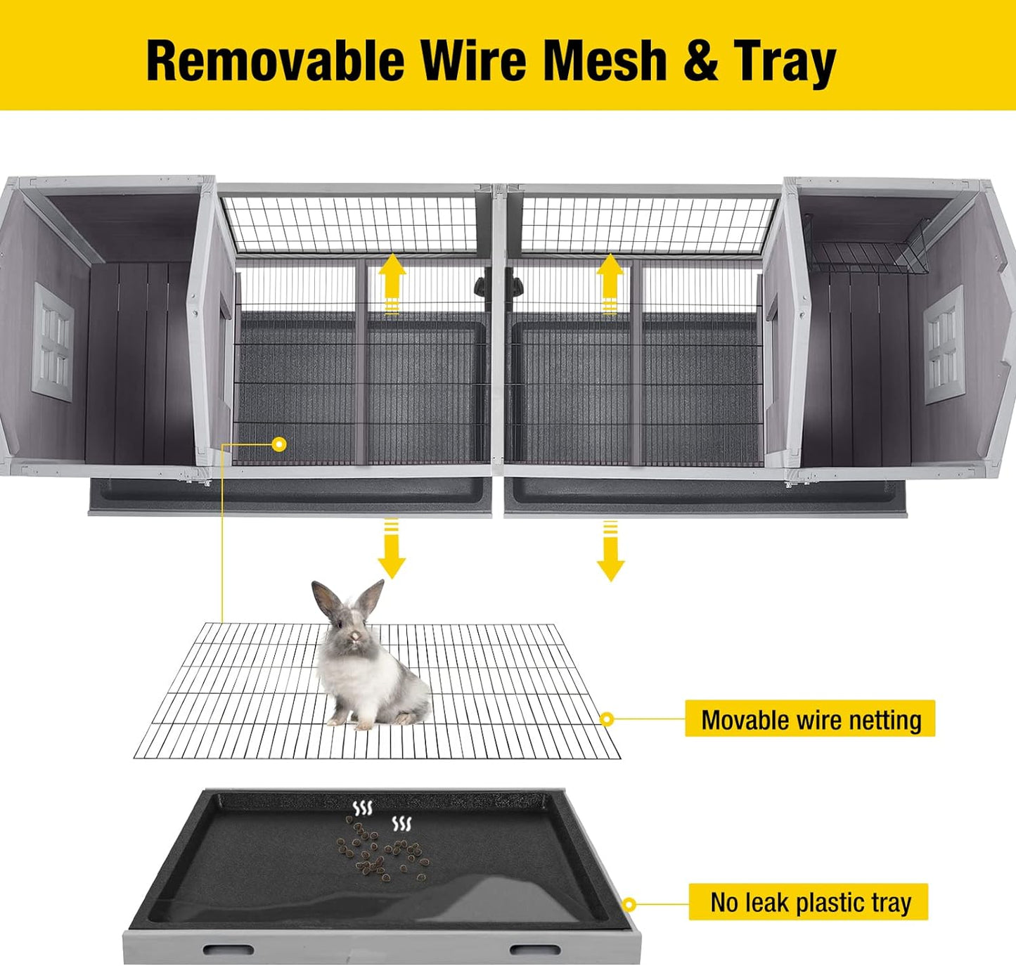 Aivituvin Rabbit Hutch Bunny Cage with Double House and Run Indoor Outdoor Guinea Pig House with Deeper No Leak Trays and Wheels