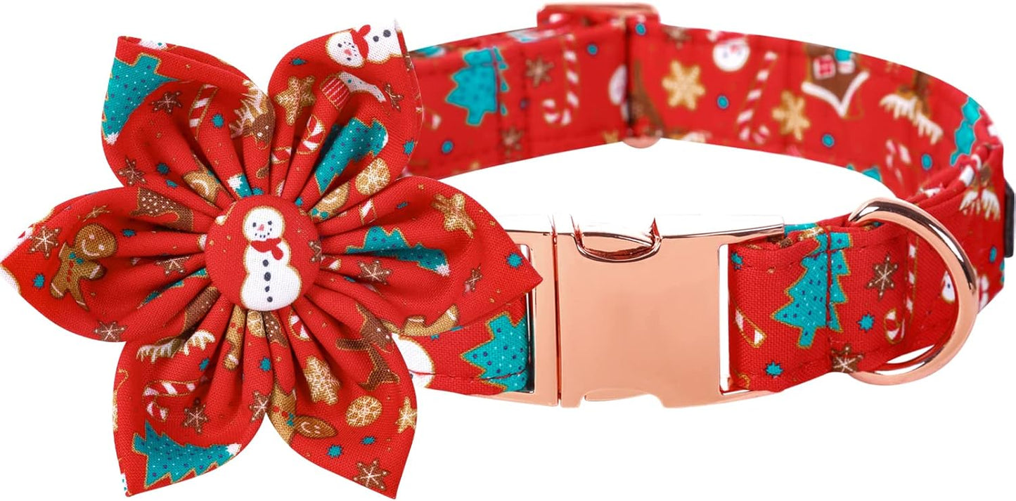 Lionet Paws Christmas Dog Collar with Flower, Dog Flower Collar with Metal Buckle for Dogs, Adjustable Comfortable Dog Collar Girl Gift, L, Neck 16-24 in