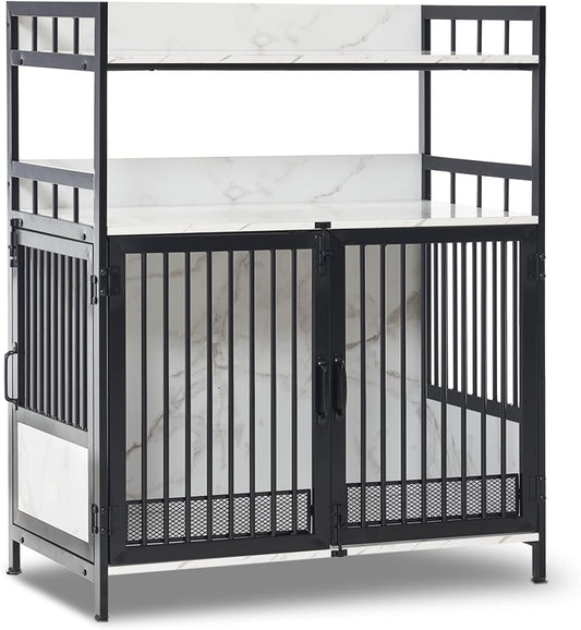 MCombo Furniture Style Dog Crate with Storage Shelves, Heavy Duty Wooden Dog Cage End Table, Triple Doors Pet House Indoor, 1368 (White)