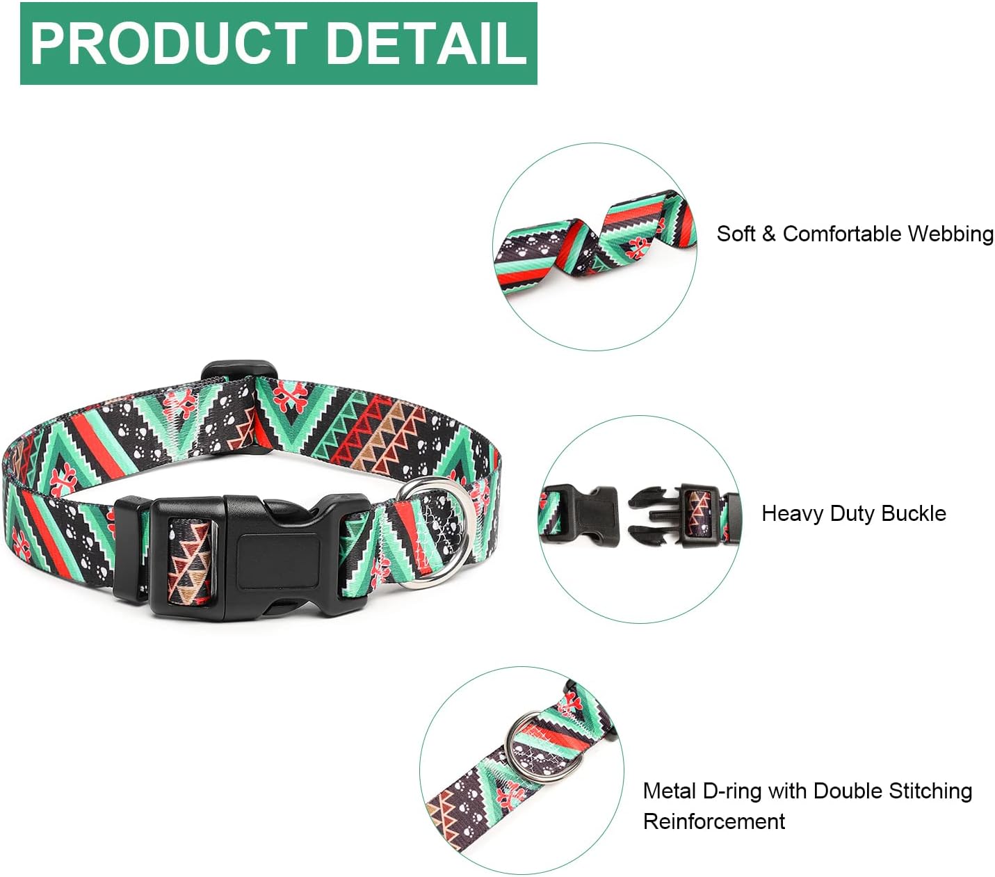 Mercano Adjustable Dog Collar - Special Design Patterns, Soft Nylon Comfortable Durable Pet Collar for Small Medium Large Dogs (L, Ethnic Green)