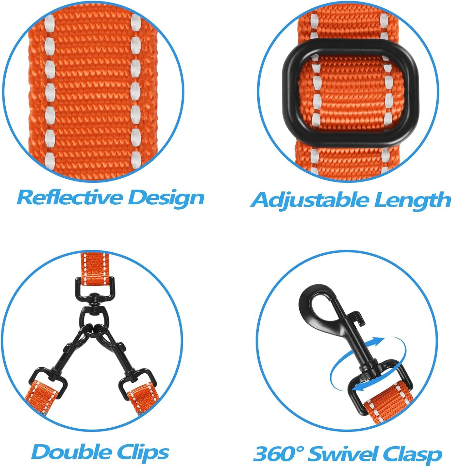PetBonus Double Dog Leash, No Tangle Dual Leash, Reflective Walking Training Lead, 4 Comfortable Padded Handles for 2 Dogs with Collapsible Bowl and Waste Bags (Orange, Large)