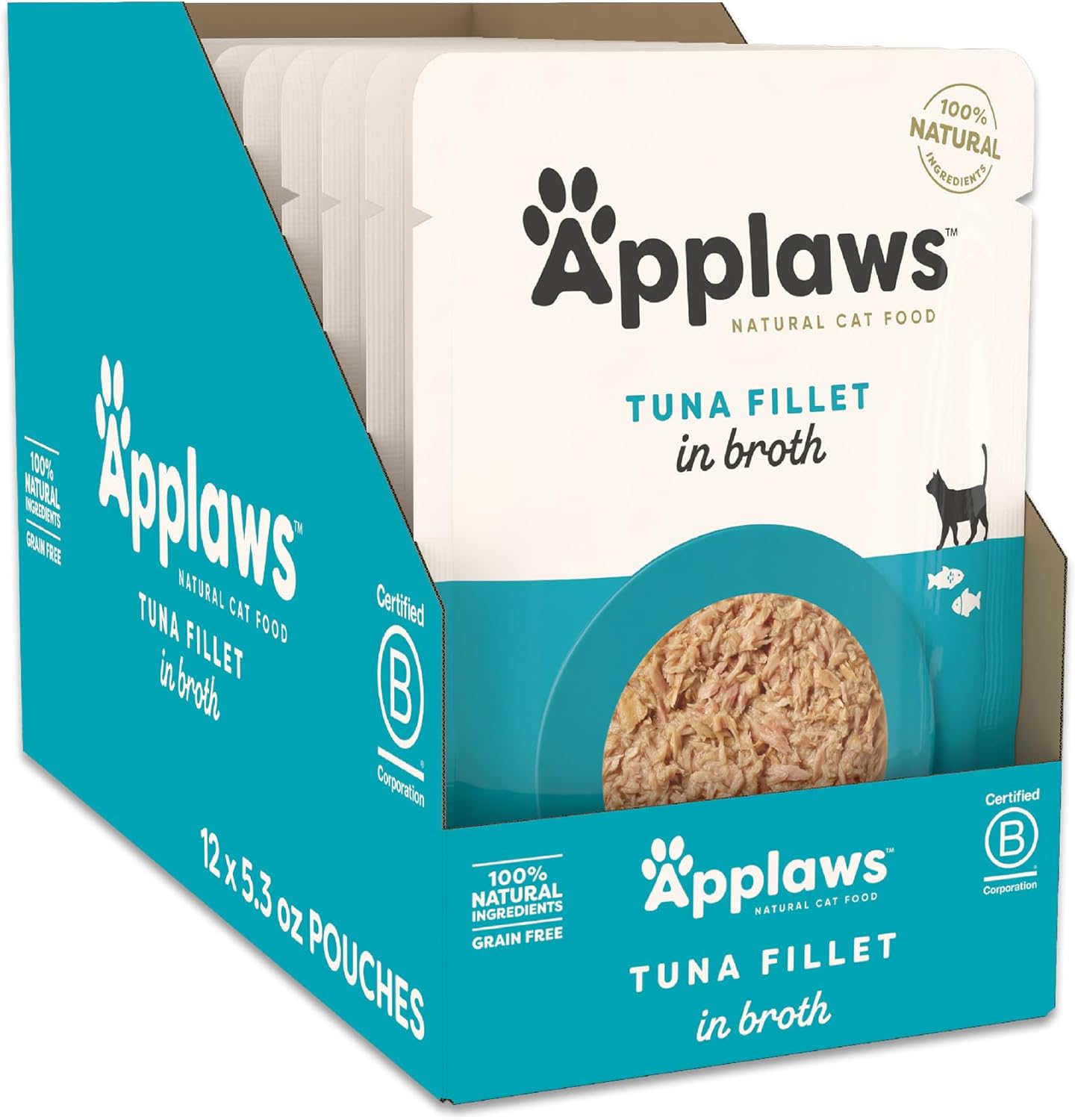 Applaws Natural Wet Cat Food in Broth, Limited Ingredient Wet Cat Food Pouches, No Additives, Made with Natural Ingredients, Tuna Fillet in Broth (12 x 5.3oz Pouches)