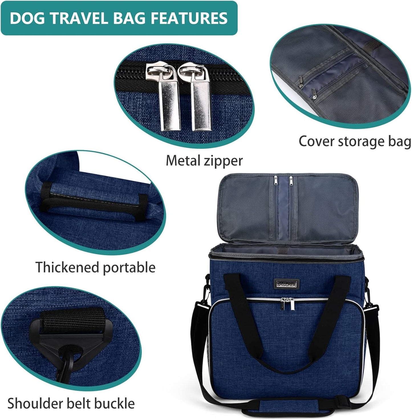BAGLHER Dog Travel Bag, Pet Travel Bag (ALL Pet Travel Supplies), With 2 Pet Food Containers and 2 Collapsible Silicone Bowls; Essential Kits for Pet Travel Dark Blue