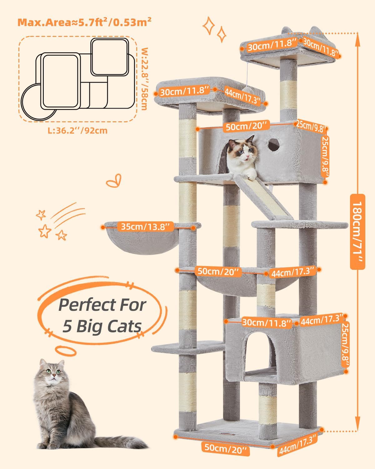 Taoqimiao Cat Tree 71-Inch, Cat Tower for Indoor Cats Large Adult, Multi-Level Large Cat Condo, 8 Sisal Scratching Posts, Metal Frame Cozy Hammock, Scratch Board, 2 Top Perches, Light Gray MS026LW