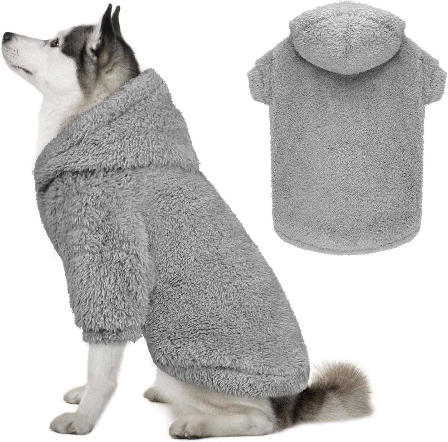 Fuzzy Dog Hoodie Dog Sweaters for Large Dogs Soft Double-Sided Plush Fleece Pet Sweater Clothes Coats Pet Hoodie Sherpa Hooded Sweatshirt(Grey-XXL)