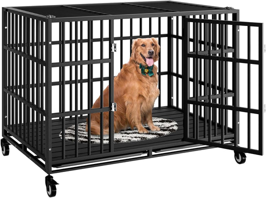 48 Inch Heavy Duty Dog Crate with Wheels,Indestructible Escape-Proof Dog Kennel with Locking Latch and Double Door,Extra Large XL XXL Crate Indoor for Large and Medium Dog with Removable Tray