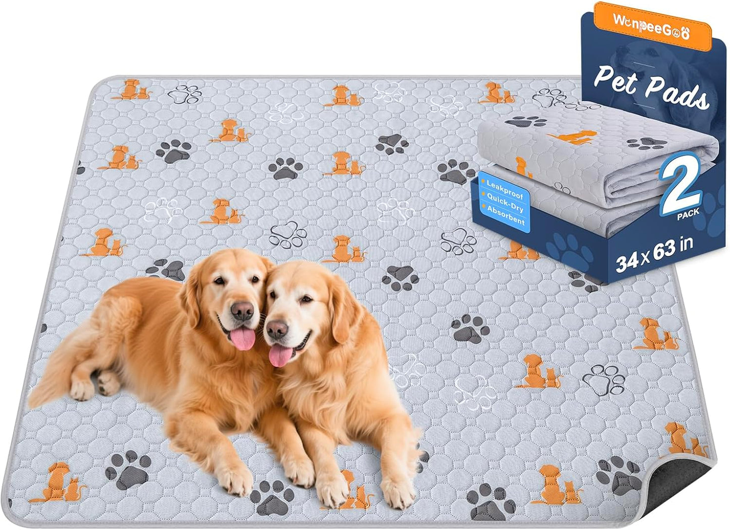 Washable Pee Pads for Dogs, 2 Pack Absorbent Reusable Training Dog Pads Pet Puppy Pads, Non-Slip Potty Pads for Whelping, Playpen, Crate, Bed, Orange, 34"x63"