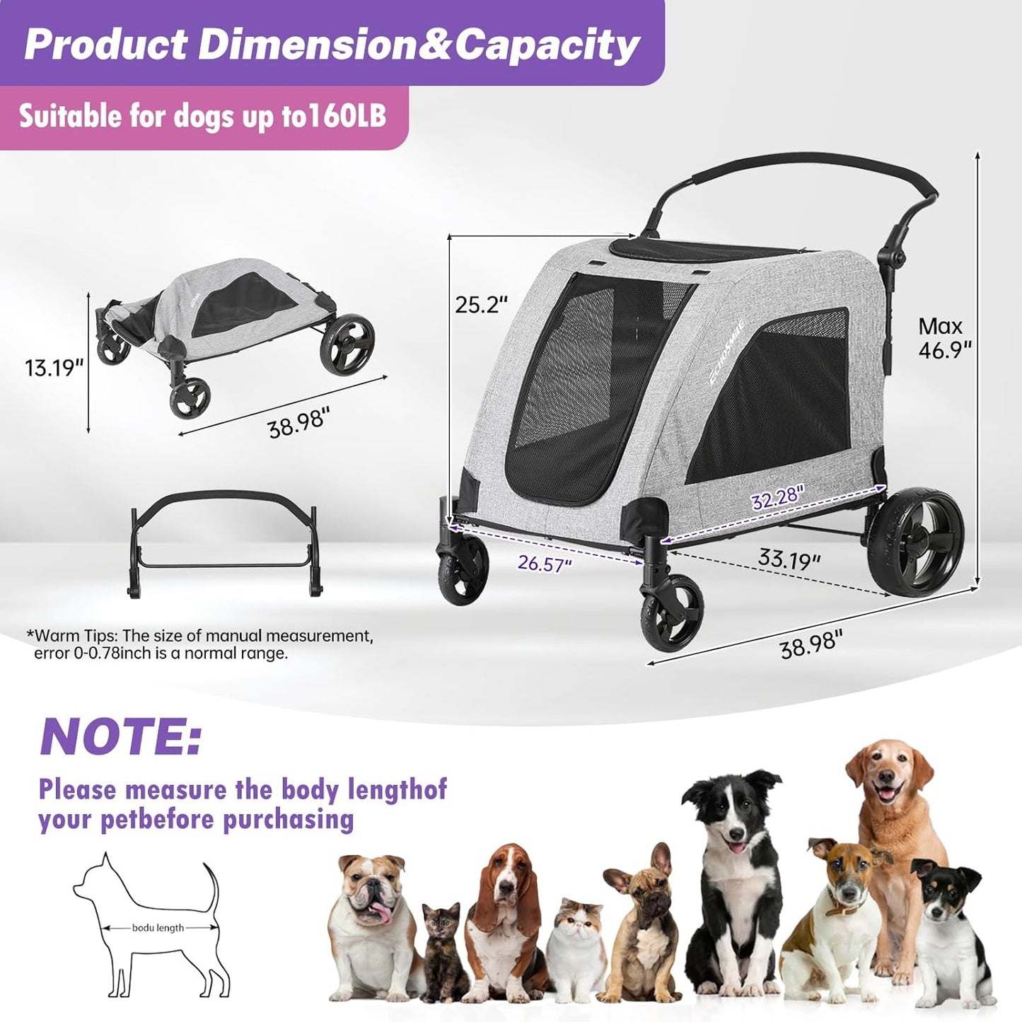 EchoSmile XL Extra Large Dog Stroller - Adjustable Handles,Lightweight Folding Pet Stroller,All-Terrain 4 Wheel for 2 Medium Dogs,Dual Entry Safety Dog Stroller,Capacity 160 lbs,Gray