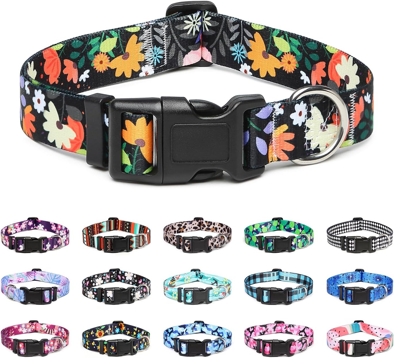 Mercano Adjustable Dog Collar - Special Design Patterns, Soft Nylon Comfortable Durable Pet Collar for Small Medium Large Dogs (M, Floral Orange)