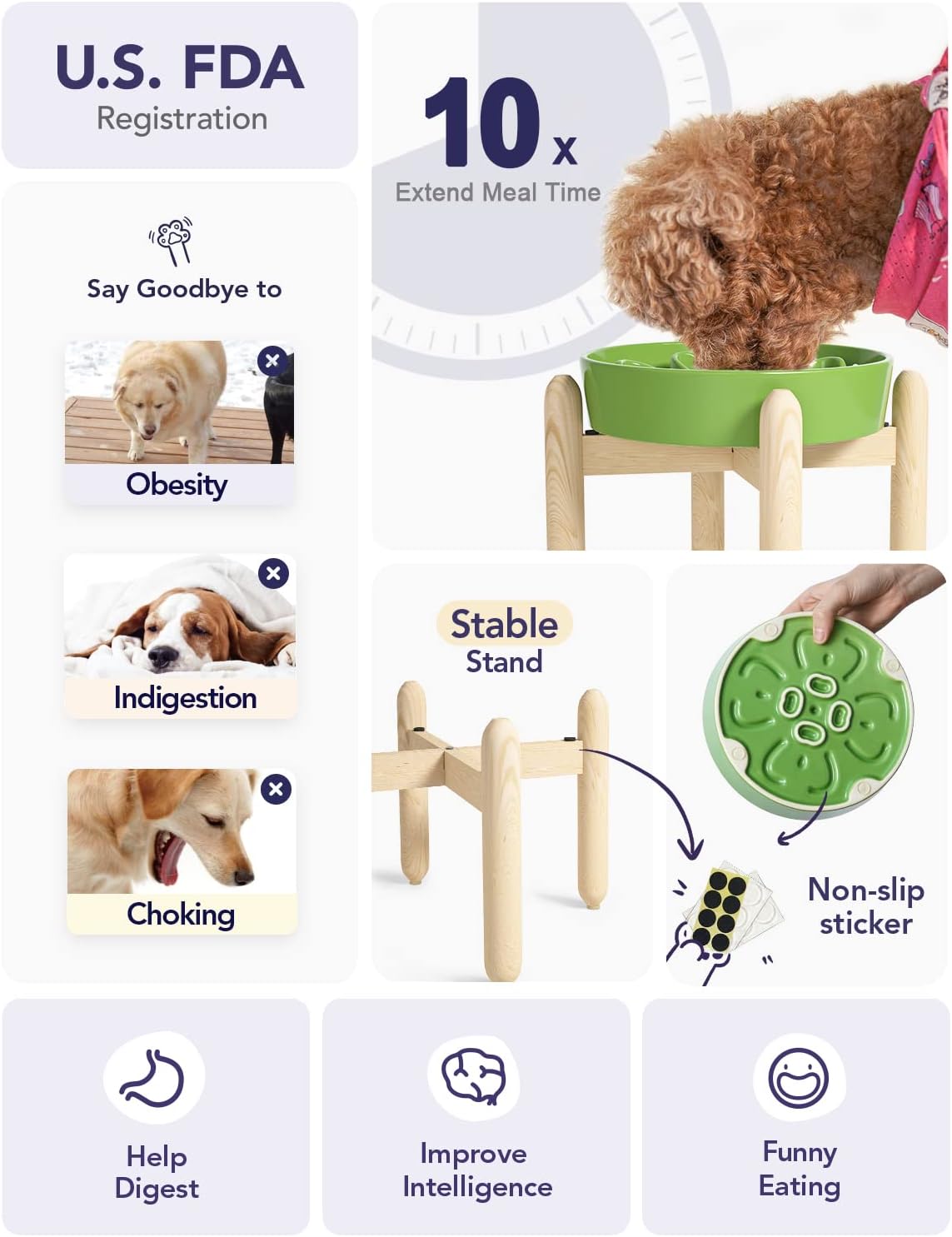 LE TAUCI Ceramic Slow Feeder Dog Bowls Elevated for Small and Medium Breed, Dog Bowls with Wooden Stand, 1.5 Cups Pet Dishes to Slow Down Eating, Anti-Gulping Pet Feeding Dishes, Clover Green