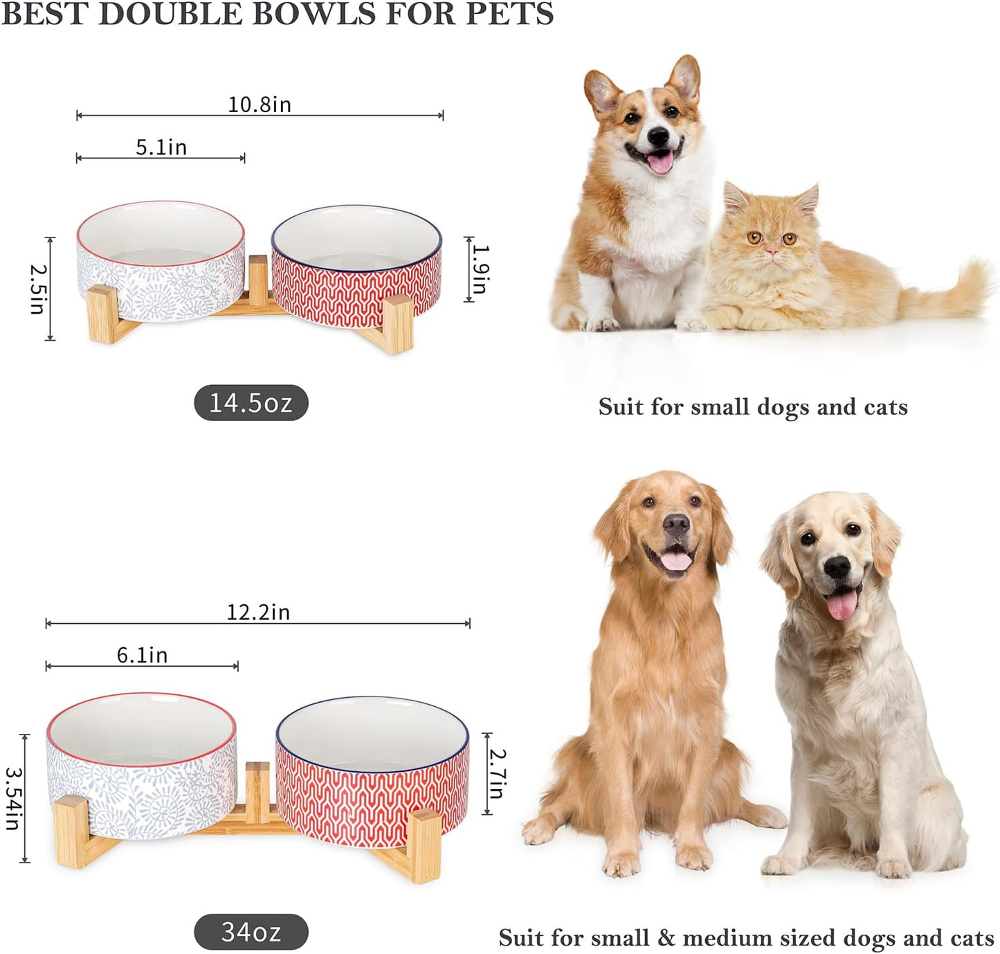 Selamica Ceramic 30 OZ Dog Bowls, Dog Food and Water Bowls with Wooden Stand, Anti-Slip Dog Dishes Set for Cats Small & Medium Sized Dogs, Weighted Pet Bowls Set of 2, Assorted Colors B