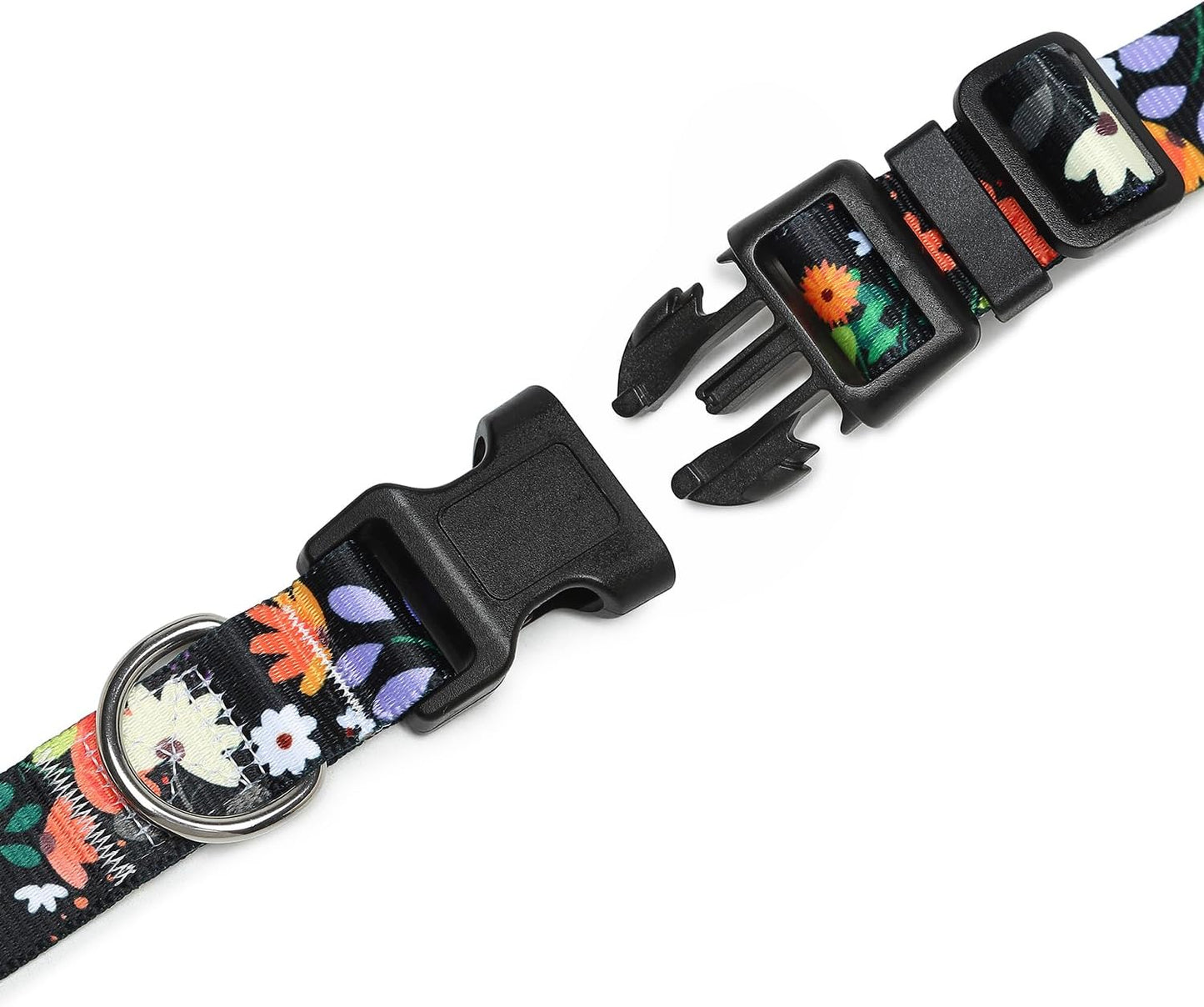 Mercano Adjustable Dog Collar - Special Design Patterns, Soft Nylon Comfortable Durable Pet Collar for Small Medium Large Dogs (M, Floral Orange)