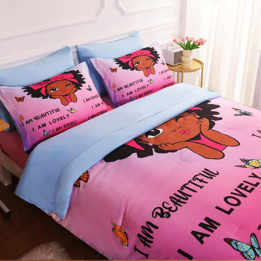 7 Piece Black Girls Magic Comforter Set Twin Size African American Girl Bedding Sets Bed in A Bag for Kids Teens Inspirational Quotes Pink Blue Quilt Room Decor
