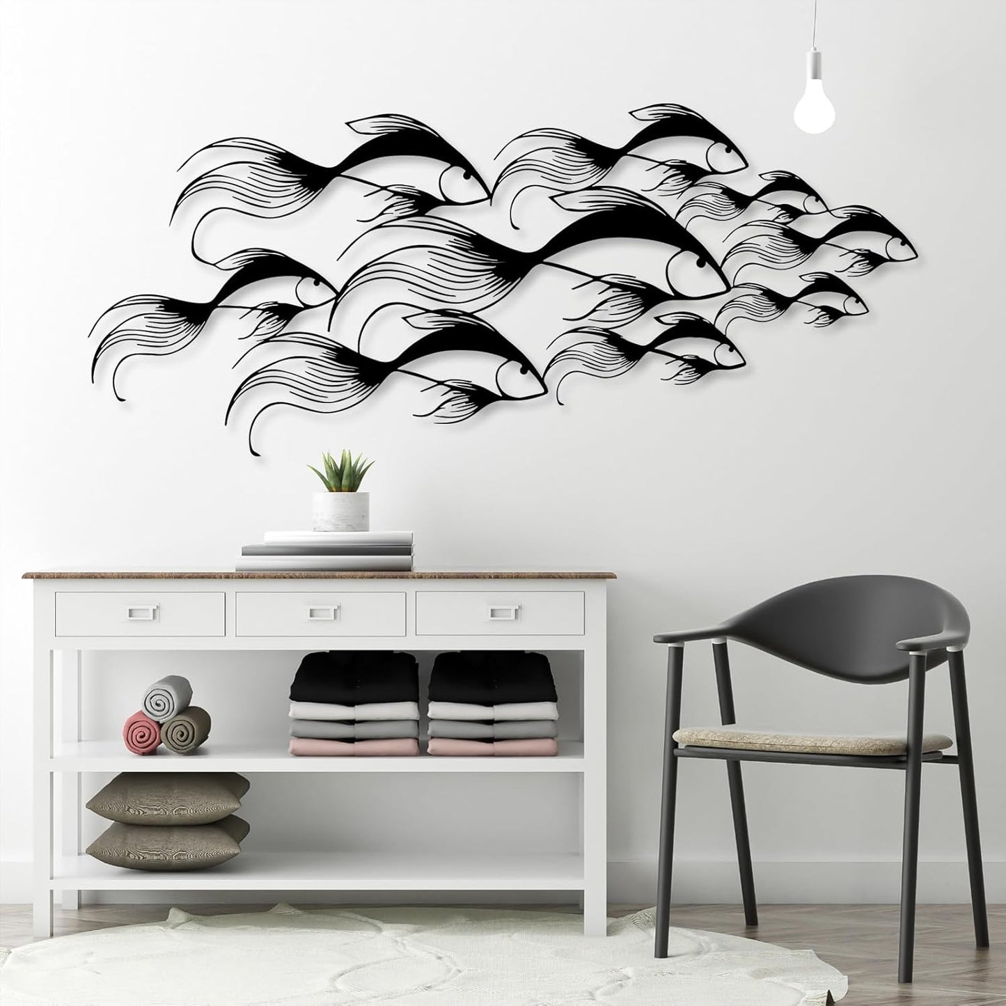 School of Fish Metal Wall Art, Metal Fish Wall Decor, Sea Life Wall Art, Large Nautical Wall Hanging, Modern Beach House Wall Decor, Ocean Themed Artwork for Bathroom (Silver, 35"x15" | 90x38cm)