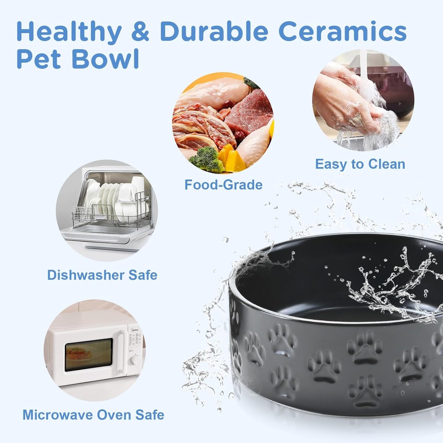 SPUNKYJUNKY Elevated Dog Bowls Ceramic, 5.1'' Dogs and Cat Food Water Bowls Raised with Non-Slip Bamboo Stand for Puppy Small Sized Breed Microwave Dishwasher Safe - 13.5 OZ,Paw Black