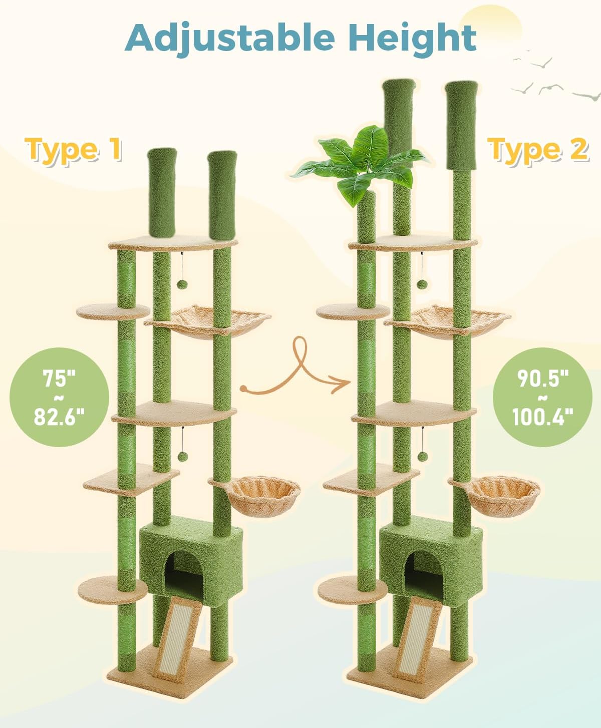 PEQULTI Tall Cat Tree, Floor to Ceiling Cat Tree Tower Adjustable [90.5''-100.4''=230-252CM] with Cat Condo, Cat Hammock and Scratching Post, Climbing Tree for Indoor Large Cats, Green