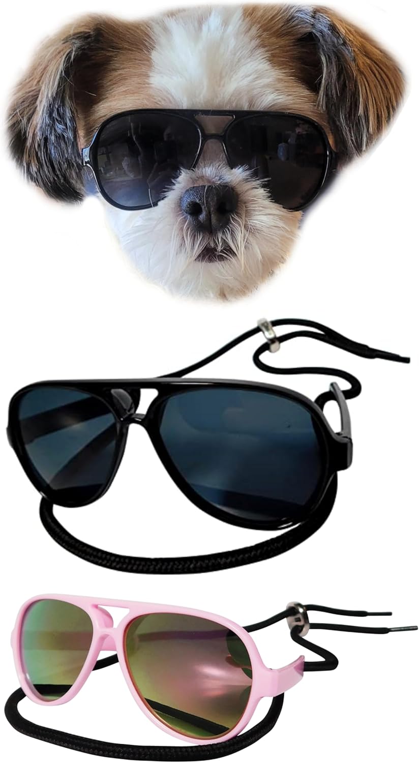 G029 Dog Cat Pet Aviator Pilot Sunglasses Glasses for Small Breeds up to 15lbs (2-Pack Black + Pink-Pink Mirror)