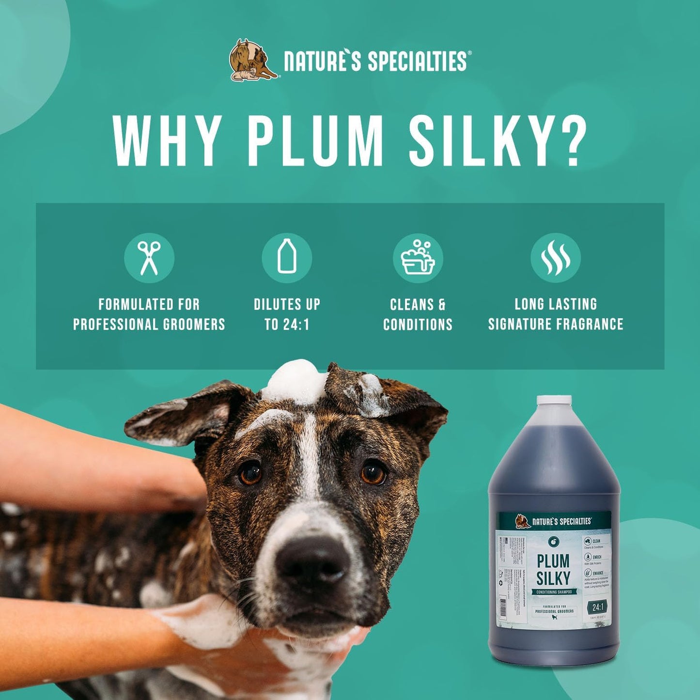 Nature's Specialties Plum Silky Ultra Concentrated Dog Shampoo Conditioner, Makes up to 24 Gallons, Natural Choice for Professional Pet Groomers, Silk Proteins, Made in USA, 1 gal