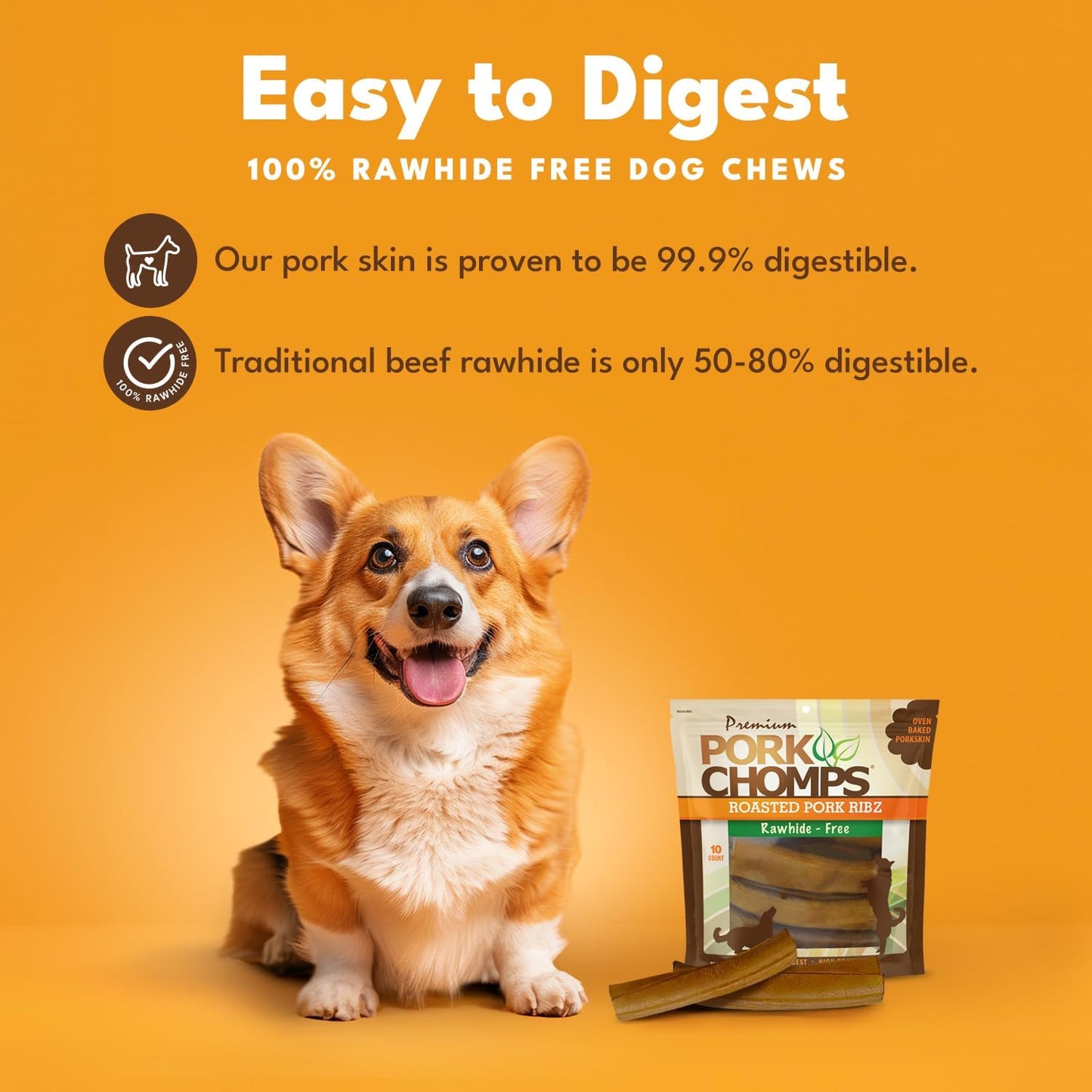 Pork Chomps Roasted Pork Skin Dog Chews, 6-inch Rib Shapes, 10 Count (Pack of 2)