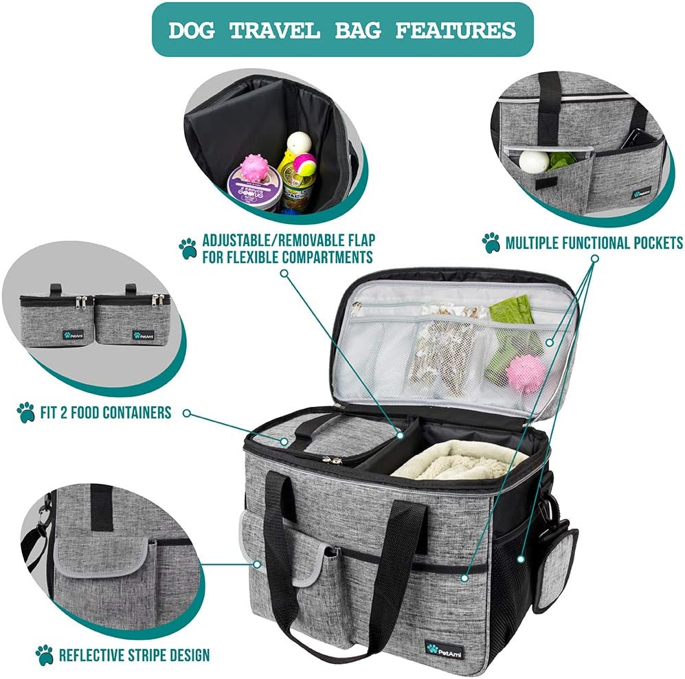 PetAmi Dog Travel Bag - Organizer with Food Container, Bowls & Accessories for Weekend Camping, Cat Diaper Bag (Grey, Medium)