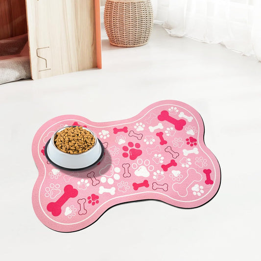 Dog & Cat Food Mat Bone Shaped Pet Feeding Mat Quick Absorb Water Bowl Placemat with Rubber Backing Indoor Floor Stain Resistant Pet Accessory Supplies (Light Pink Small, 12x18 Inches)